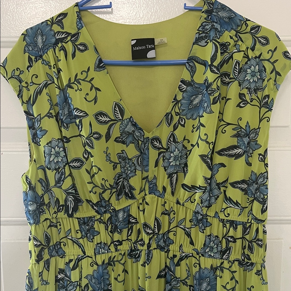 Maison Tara Lime Green Dress with Blue Floral Design